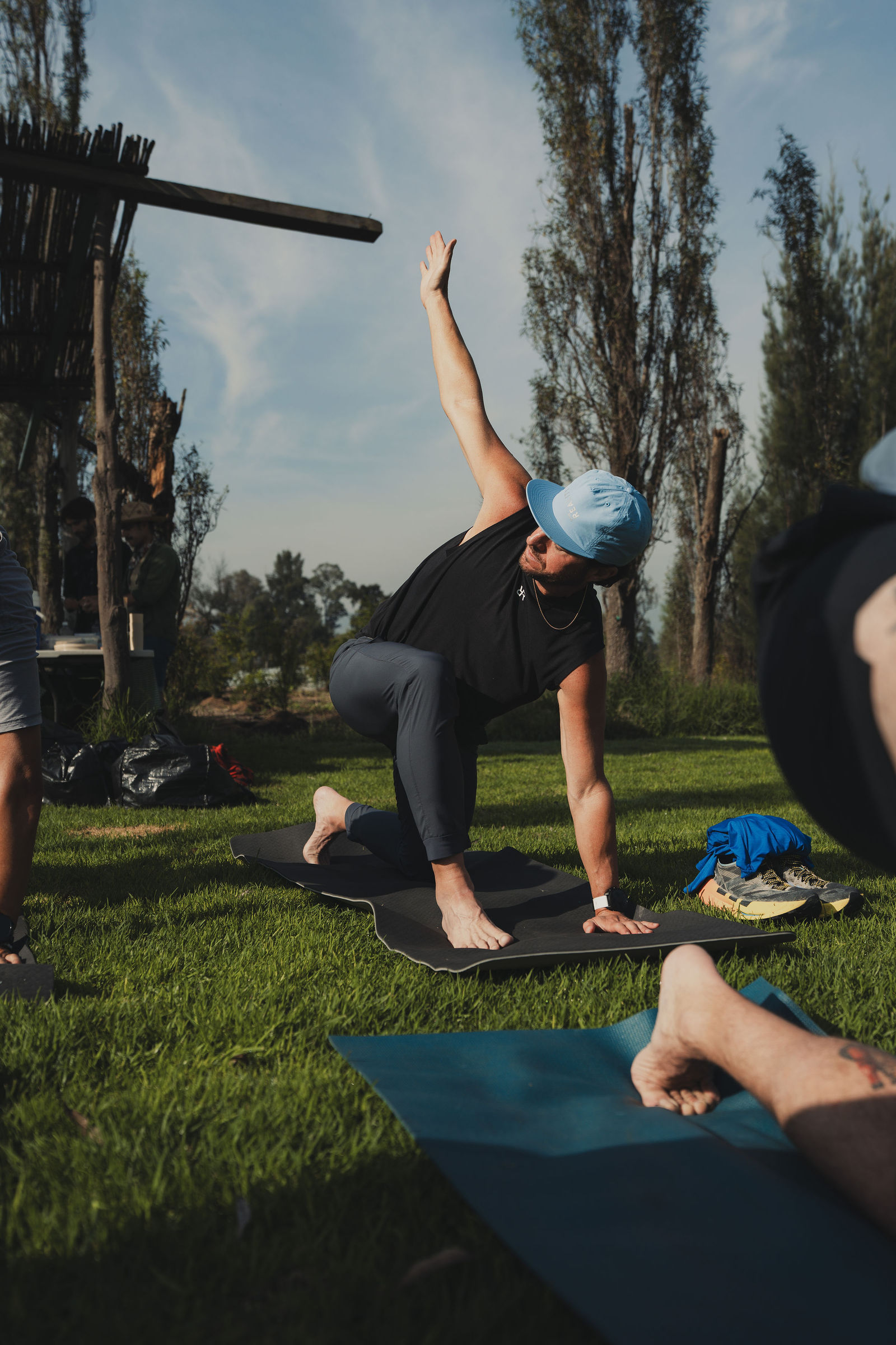 Stretching on the grass after the run